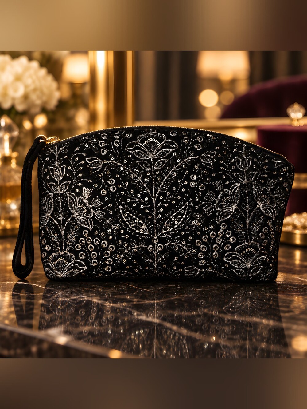 Patricia Nash Black Velvet Cosmetic Pouch w/Silver Floral Embroidery